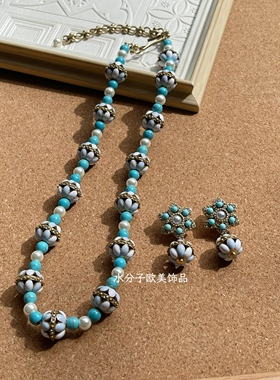 新款复古高级感大衣配饰项链耳环套装琉璃素金设计项链耳针套装