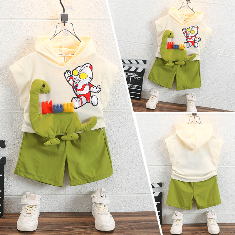 男童时尚卡通连帽恐龙奥特曼短袖套装夏天中小童儿童潮衣服两件套