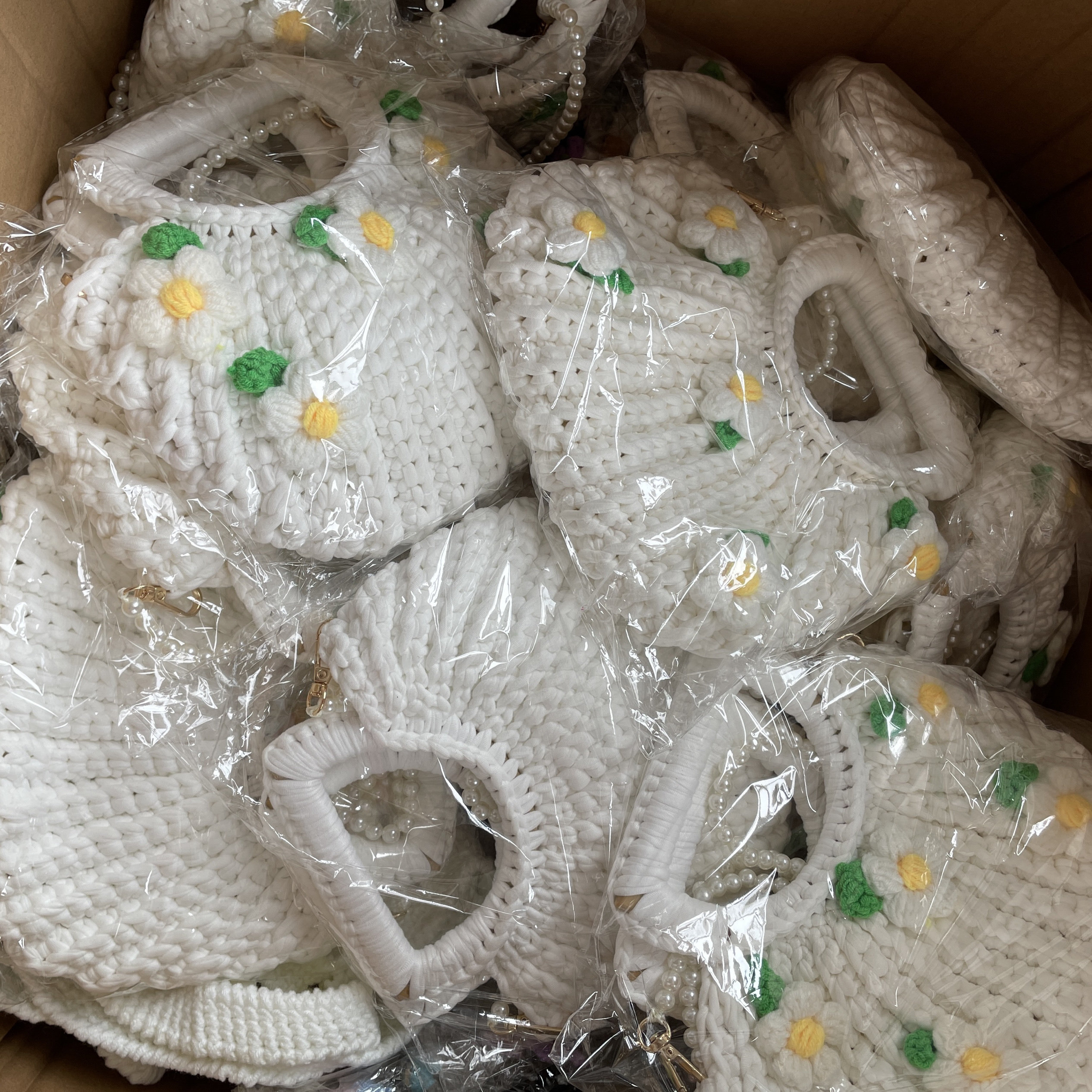 （默认微瑕）成品！小雏菊布条编织包 仙女手提包 珍珠斜挎包