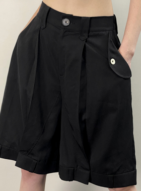 「 凌鸦ILNya 」月海_黑 月牙解构短裤 天丝拼接收褶小众设计