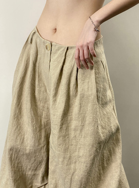 「 凌鸦ILNya 」月海_米黄  侧褶弯月灯笼裤 亚麻廓形宽松阔腿裤