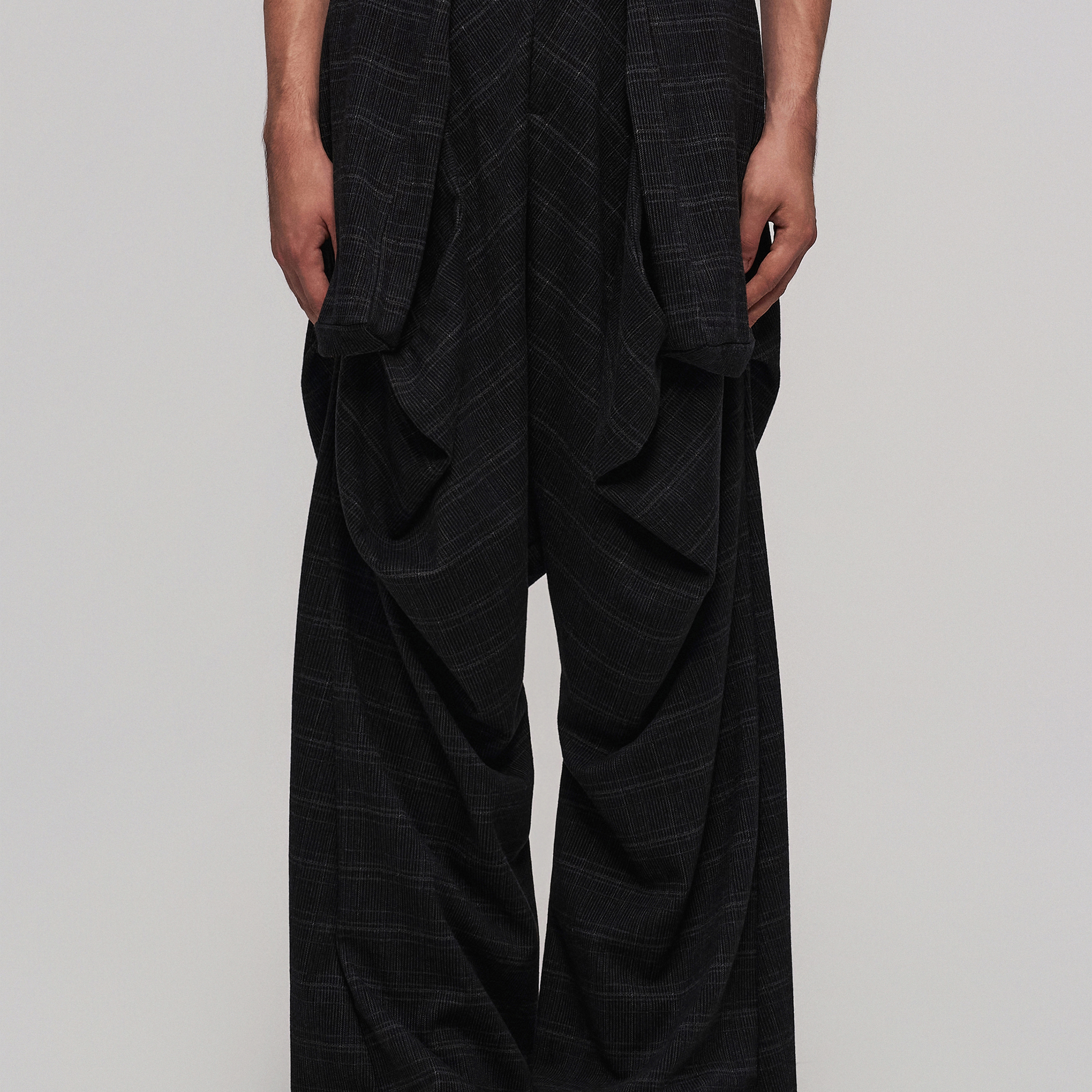 「 凌鸦ILNya 」差池_黑 悬垂低档长裤 格纹面料解构垮裤休闲裤