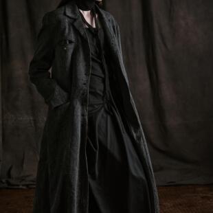 「凌鸦ILNya 」廊_灰 灯笼裙风衣 色混纱亚麻复古感中长款外套