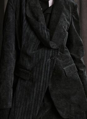 「 凌鸦ILNya 」廊_藏蓝 异形结构西装 灯芯绒做旧拼接西服外套