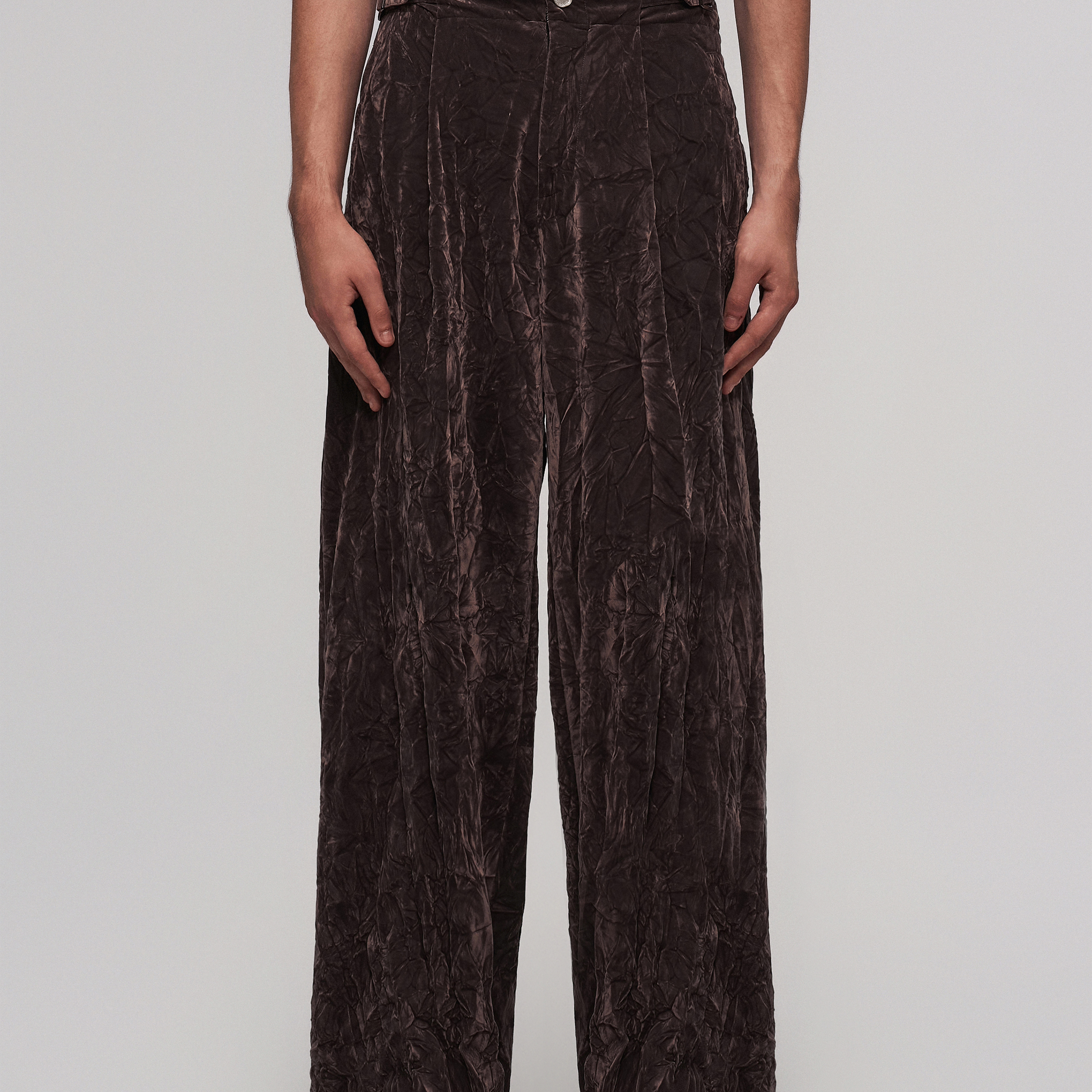 「 凌鸦ILNya 」差池_褐 涟漪高腰打褶裤 丝绒高腰宽松休闲裤