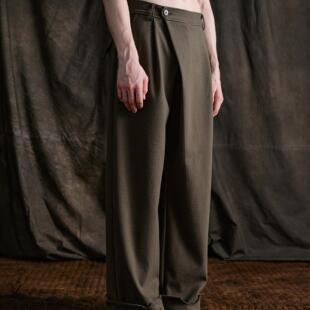 「 凌鸦ILNya 」廊_灰绿 鼠咬西裤 破坏效果直筒翻折长裤休闲裤