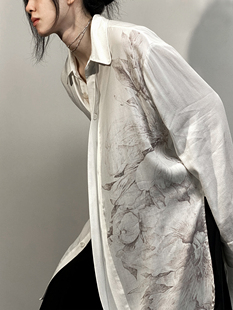 凌鸦ILNya 中长款 」月海_黑 花嫁长衬衫 双色伊藤芍药印花 白 「