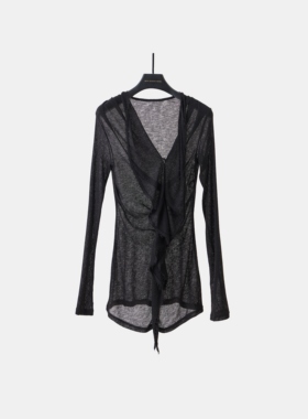 「 凌鸦ILNya 」差池_黑/灰 鸢尾花边打底衫 荷叶领软糯亲肤打底