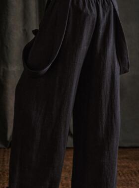 「 凌鸦ILNya 」廊_兰黑 排扣背带裤 苎麻高腰密褶裤腿工装休闲裤