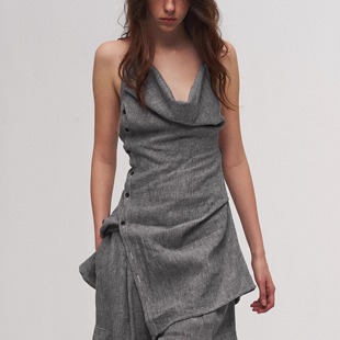 「 凌鸦ILNya 」差池_灰 月痕挂脖背心 亚麻棉荷叶边吊带挂脖马甲