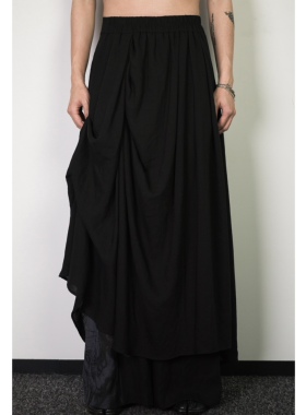 「 凌鸦ILNya 」廊_黑 蓓蕾裙裤 撞色条纹腰贴剪裁裙摆印花长裤