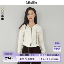 Mixblu胸前口袋多色连帽T恤女2024春季新款百搭简约长袖拉链上衣