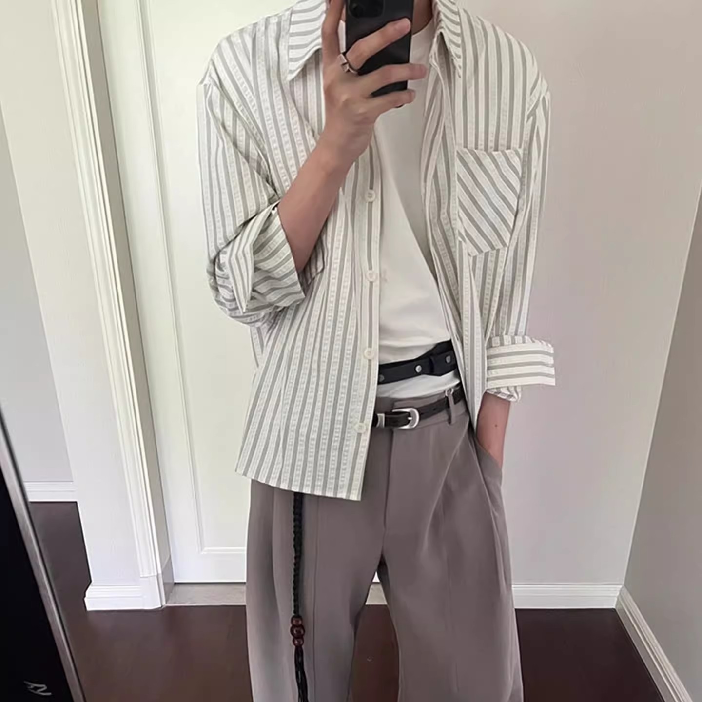 男春秋街头宽松百搭休闲复古条纹长袖衬衫美式潮服显气质薄款衬衣