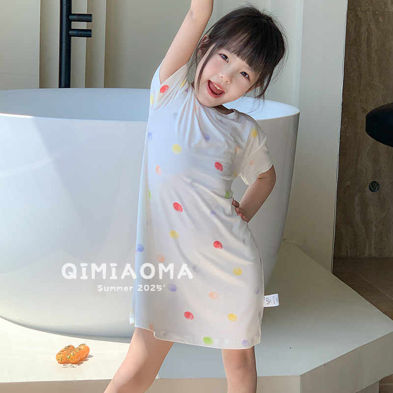 女童冰丝莫代尔睡裙小熊卡通图案夏季空调房防着凉中长款儿童睡衣