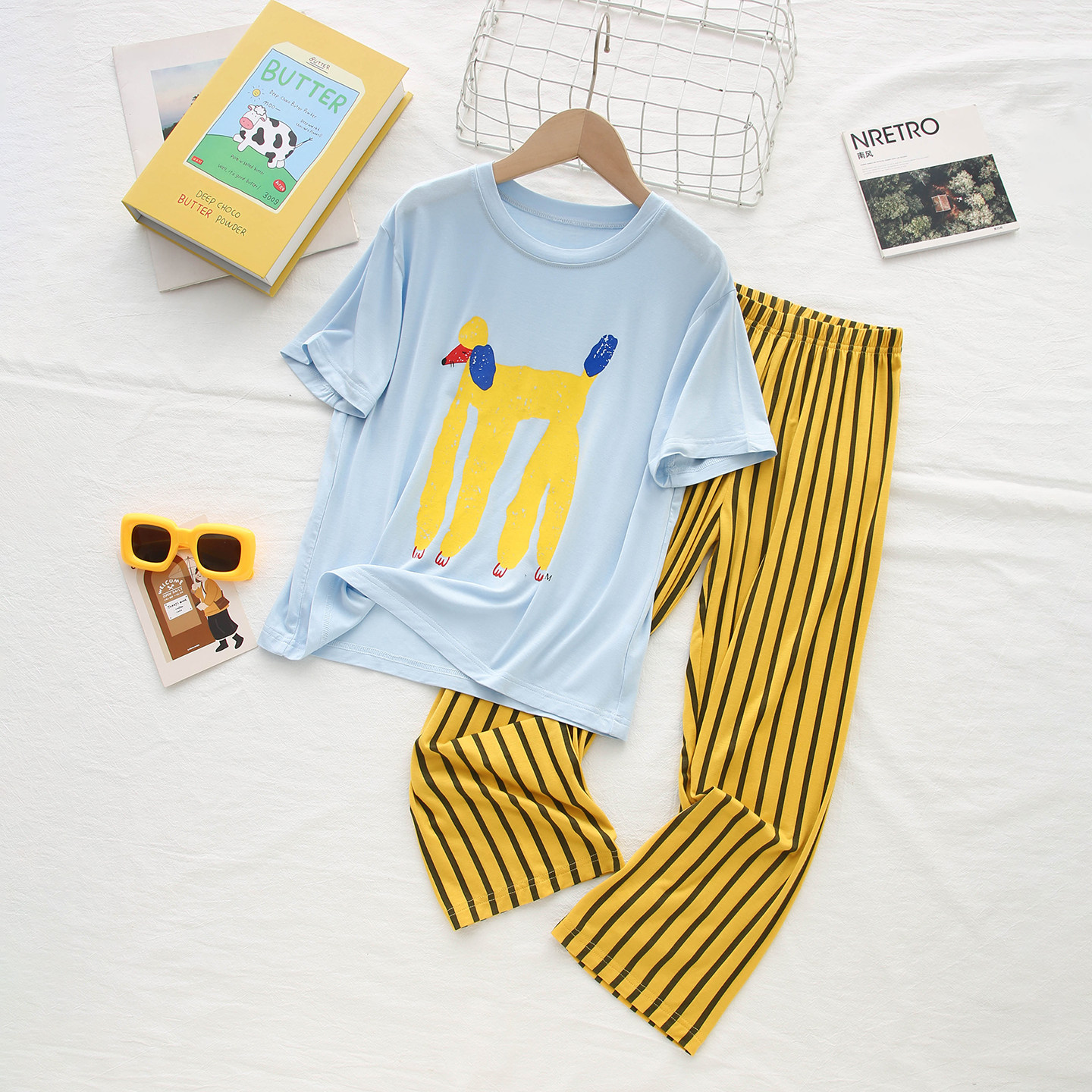 『多巴胺活力』植物印染儿童睡衣男女童莫代尔睡衣黄条纹卡通狗狗