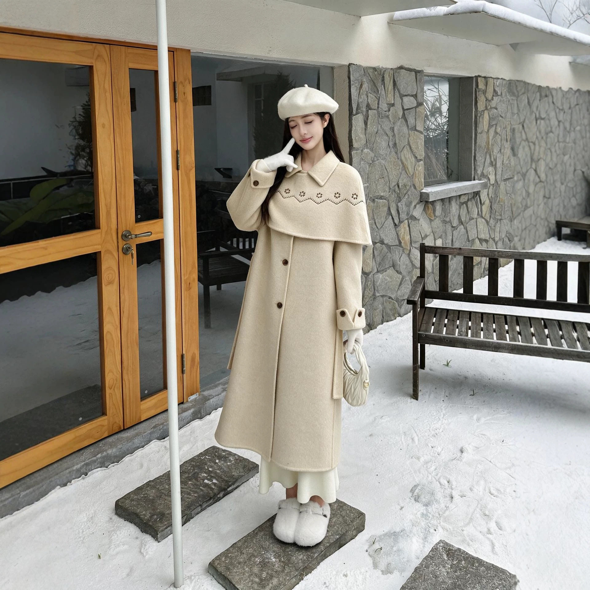 秋冬双面羊毛斗篷两件套大衣女