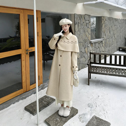 秋冬双面羊毛斗篷两件套大衣女