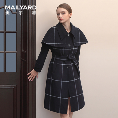 美尔雅女装中长款系带大衣 绵羊毛斗篷式格纹优雅呢外套215