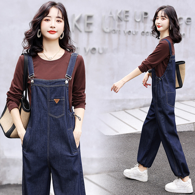 秋季新款女裤子韩版学生宽松显瘦牛仔束腿阔腿连体九分背带裤薄款
