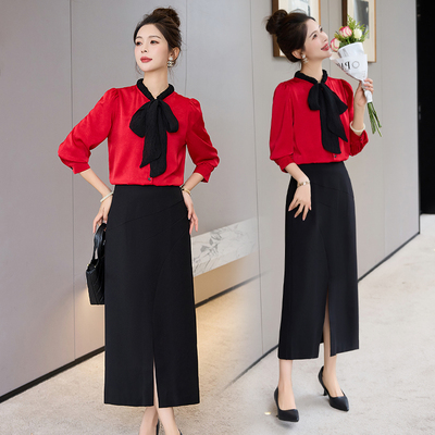 欧洲站2025秋冬新款V.COM领系带蝴蝶结泡泡袖撞色优雅长袖衬衫女