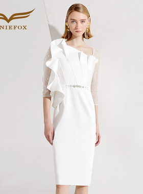 创意狐白色礼服主持人高端气质订婚连衣裙设计师款时尚女装宴会裙