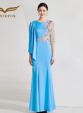 创意狐晚礼服女2025高级感蓝色礼服长款鱼尾主持人礼服演出服长裙
