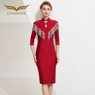 创意狐红色礼服高端宴会主持人礼裙气质合唱团演出表演服连衣裙女