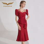 创意狐红色主持人礼服高端轻奢小众礼裙晚宴会日常可穿修身 连衣裙