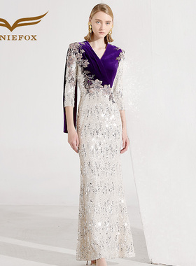 创意狐晚礼服女2026新款高级感紫色拼色坠地长裙主持人长款连衣裙
