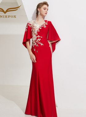 创意狐婚礼红色小众高端晚礼服秋冬新款宴会气质妈妈小礼裙连衣裙
