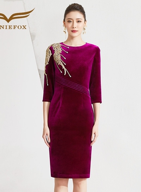 创意狐晚礼服喜婆婆婚宴装高贵丝绒礼服秋冬年轻妈妈礼服晚宴礼服