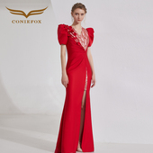 创意狐晚礼服轻奢小众高端宴会年会主持人礼服长款 红色演出服长裙