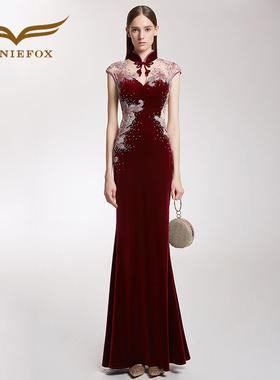 创意狐宴会晚礼服年会演出性感改良旗袍新中式红色礼服酒会鱼尾裙