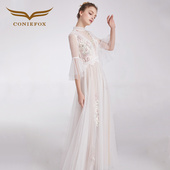 创意狐白色礼服女结婚衣服敬酒服新娘订婚礼服长款 生日派对连衣裙