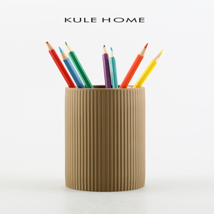 KULE HOME 创意姜黄色条纹笔轻奢粗陶卧室书房办公室摆件收纳笔筒
