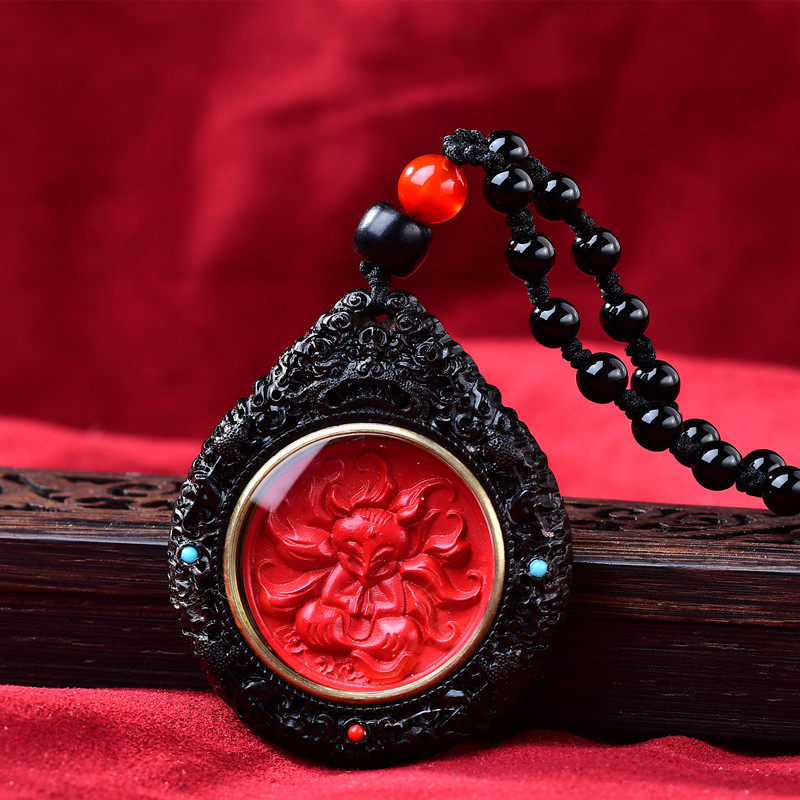 红朱砂赤狐吊坠男女款红朱砂九尾狐狸项链藏式嘎乌盒挂件男女饰品