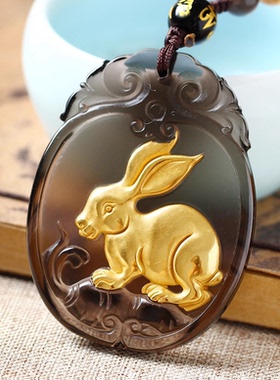 镀金黑曜石玉兔项链饰品吊坠