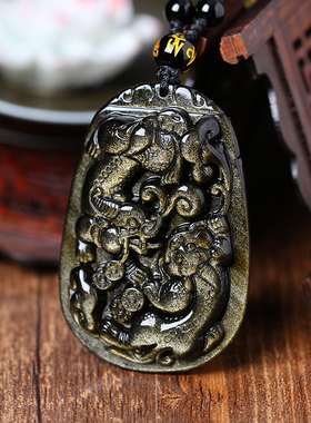 双貔貅吊坠男天然黑曜石貔貅项链女项坠金曜石貔貅挂件本命年挂坠