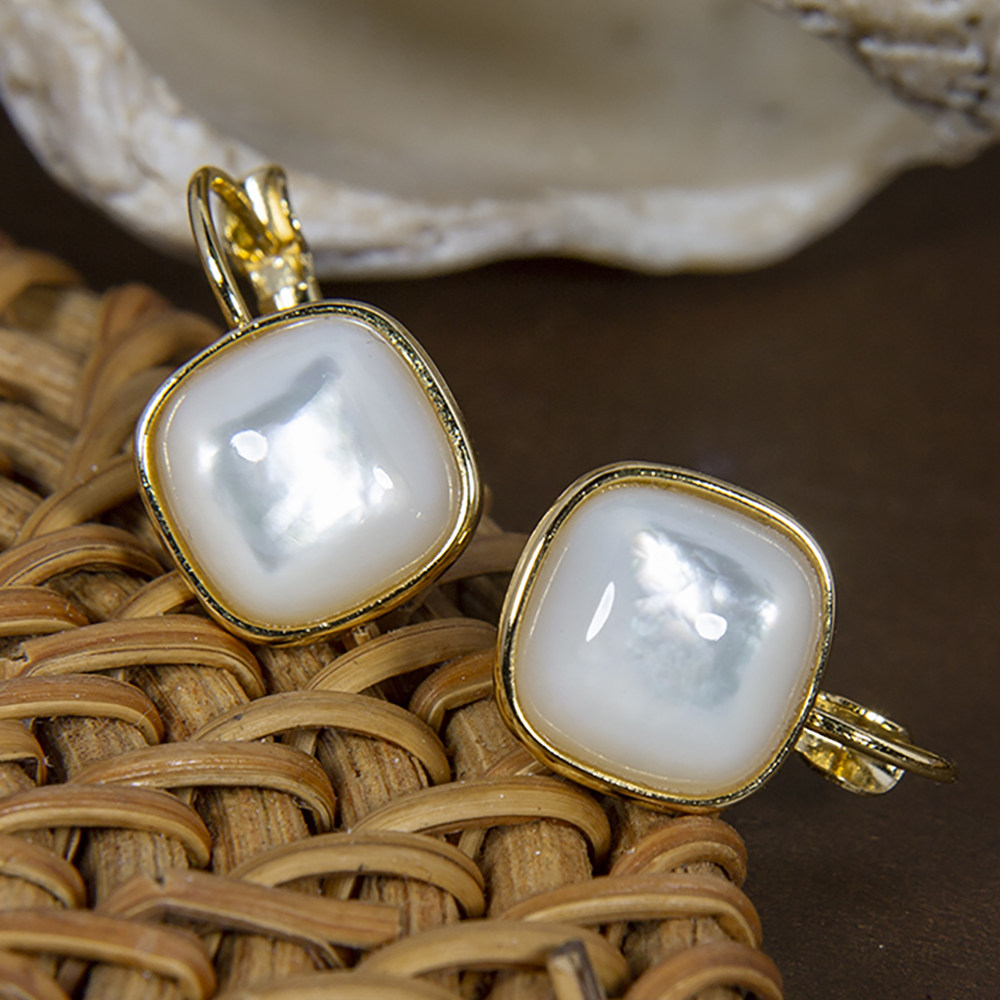 天然白贝母耳钉s925银镀金几何耳饰韩式简约气质高级感女方形耳环