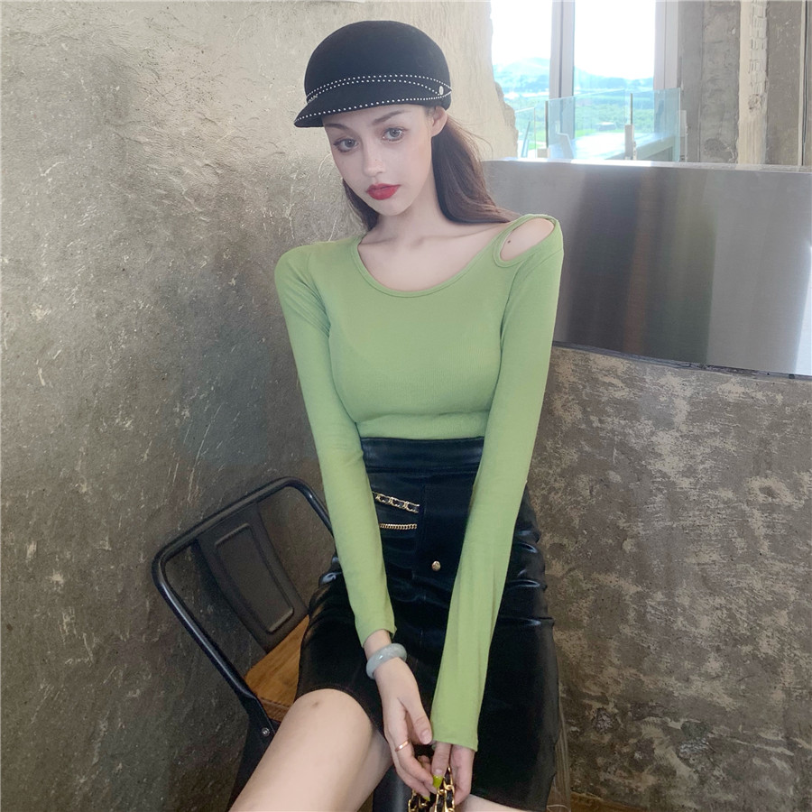 Real shot 2021 new Korean Xinji top design feeling off shoulder long sleeve T-shirt