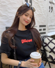 實拍 春季圓領字母簡約寬鬆短袖T恤慵懶休閒上衣內搭打底衫