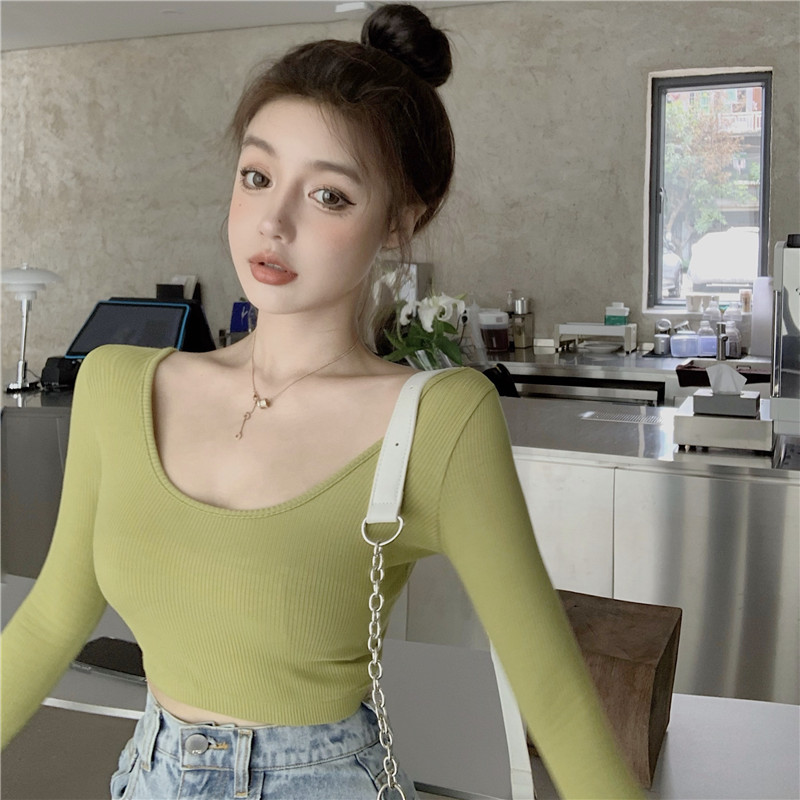 Real photo 2021 super short low neck tight T-shirt high waist navel top long sleeve small shirt versatile bottom coat