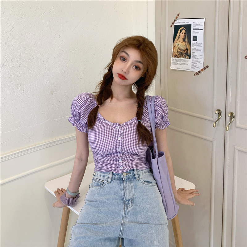 Real shot bubble sleeve front breasted shoulder high waist check short button down cardigan short sleeve shirt