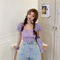 Real shot bubble sleeve front breasted shoulder high waist check short button down cardigan short sleeve shirt
