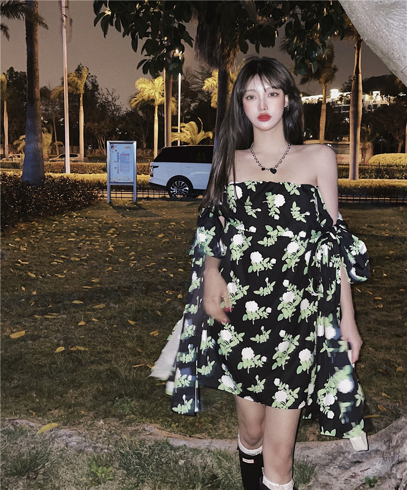 Green print off shoulder Mini Dress