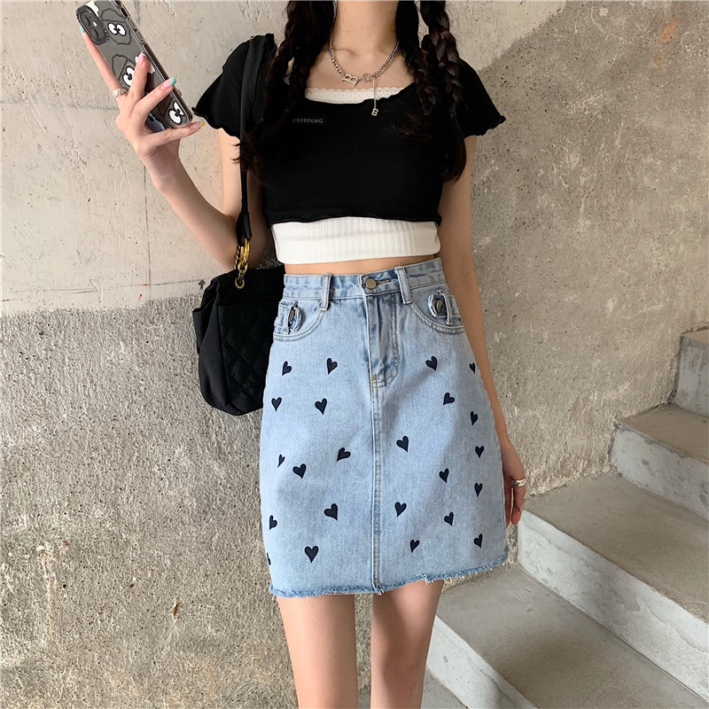 實拍春裝美式甜妹愛心女高腰牛仔半身短裙包臀百搭氣質洋氣潮