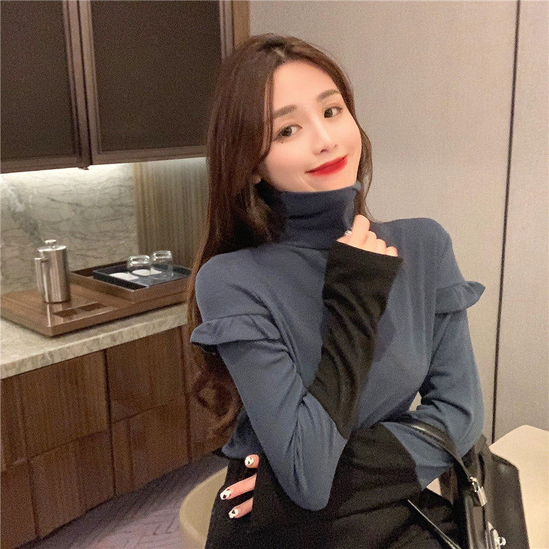 Real photo 2021 new high collar slim ear edge color matching bottom coat with elastic and thin inner layer