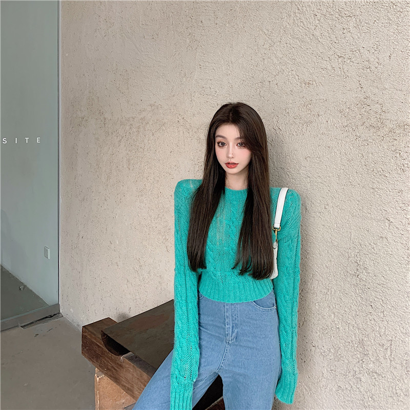 Real shot 2020 new hollow jacquard T-shirt loose short long sleeve solid color mixed with mohair