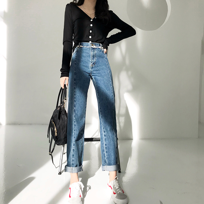 Real shot 2021 spring design feeling new straight tube loose high waisted jeans show the trend of thin wide leg pants