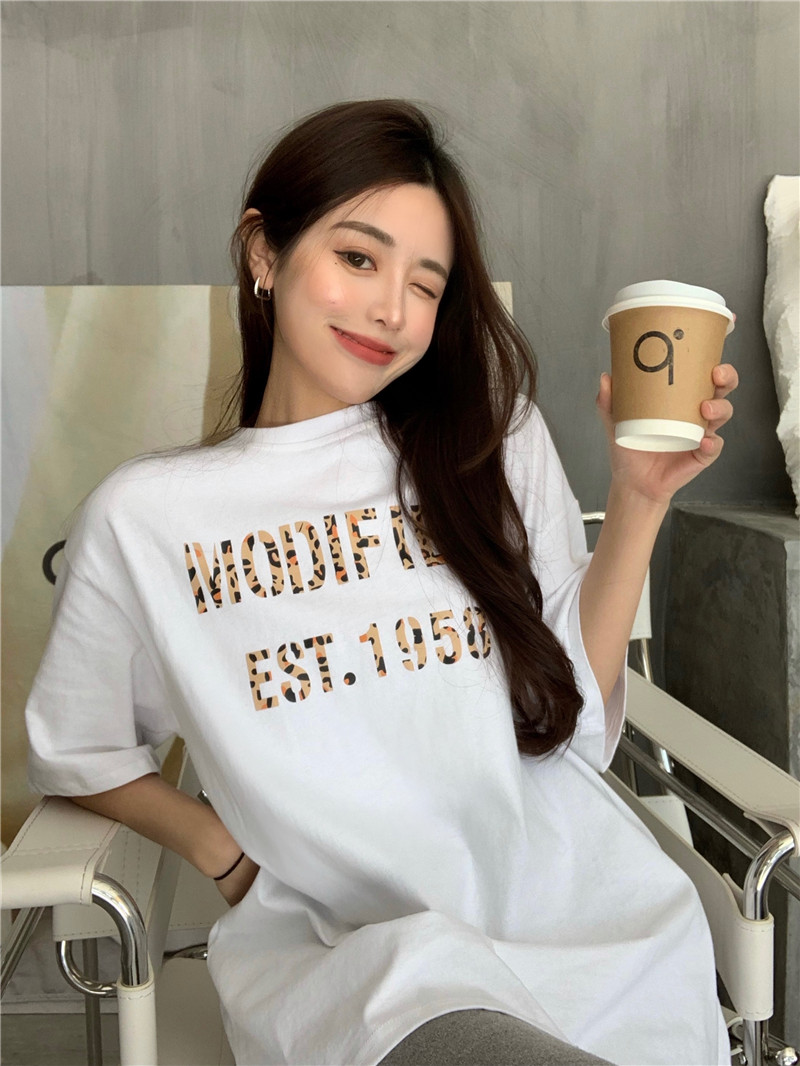 Real shot leopard letter short sleeve T-shirt women's Korean loose base shirt half sleeve with casual top
